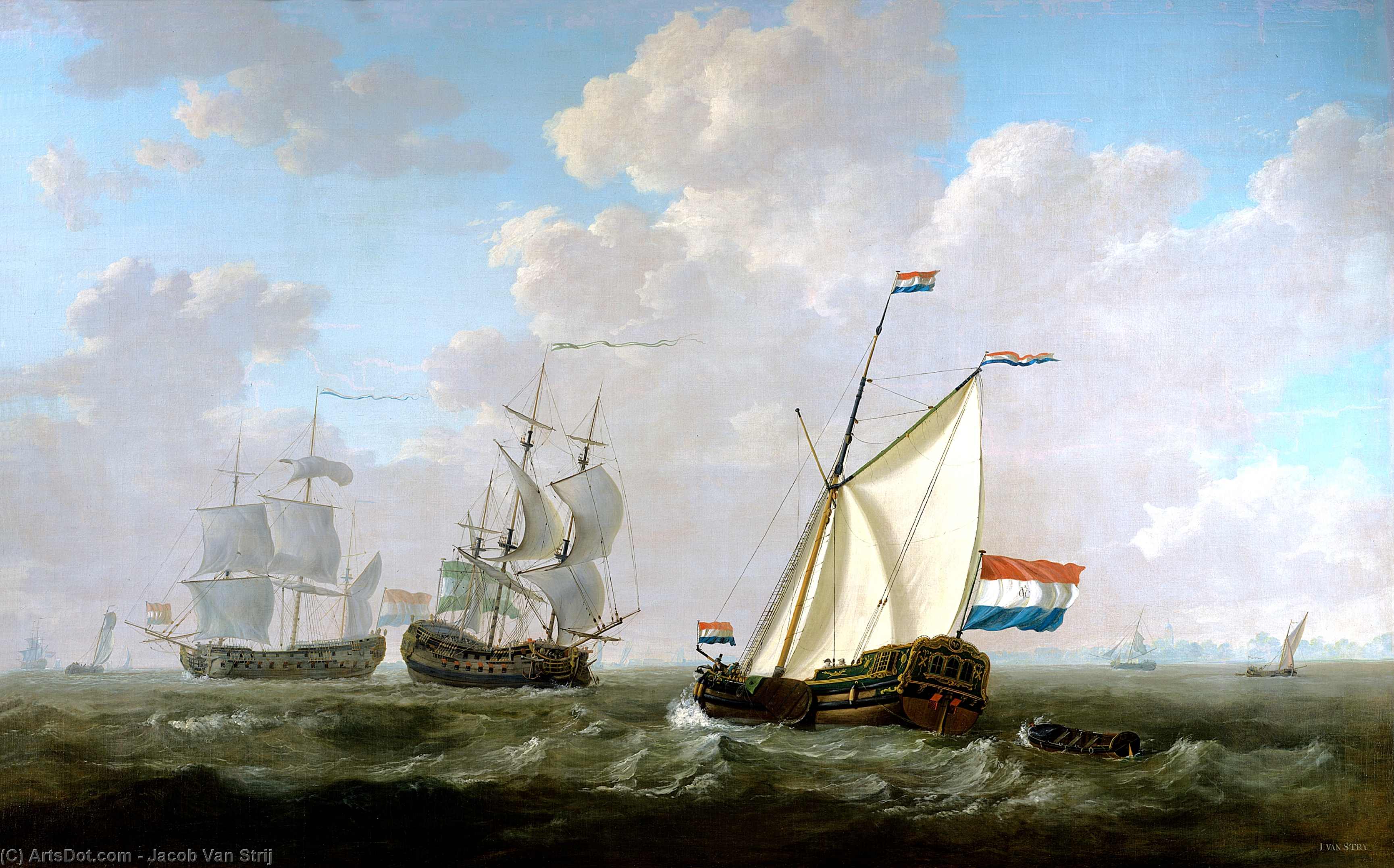 The Yacht Of The Chamber Of Rotterdam For The Dutch East India Company Salutes An East-indiaman And A Dutch Man-of-war On The Roadstead Of Hellevoetsluis. — Jacob Van Strij Dordrecht
