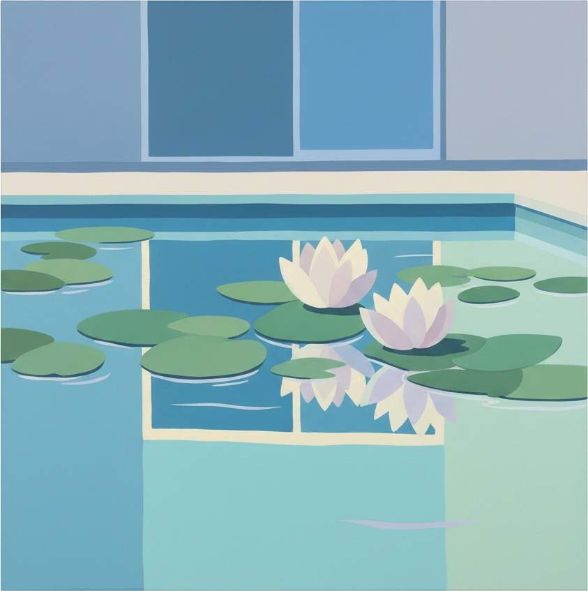 Geometric Serenity: A Meditative Study Of Azure Planes And Floating Botanical Forms — Marion Delorme