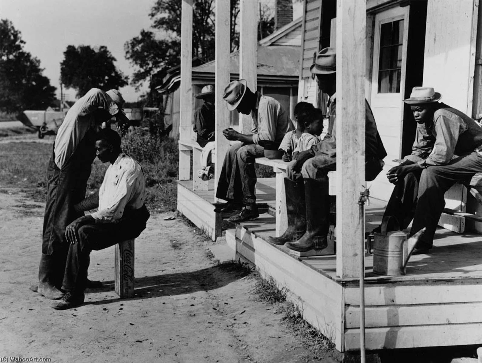 Haircutting In Front Of General Store On Saturday Afternoon, Marcella Plantation. Mileston, Mississippi — Marion Post Wolcott