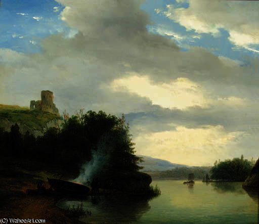 A Hilly River Landscape With Figures Along The Water Making A Fire — Nicolaas Johannes Roosenboom