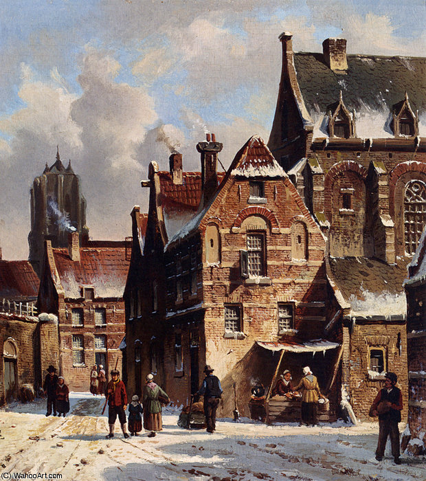 Figures In The Streets Of A Wintry Town — Adrianus Eversen