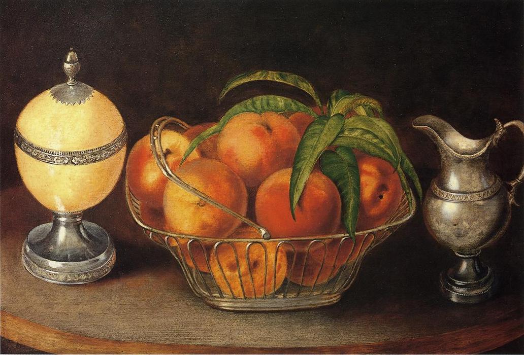 Basket Of Peaches With Ostrich Egg And Cream Pitcher — Rubens Peale