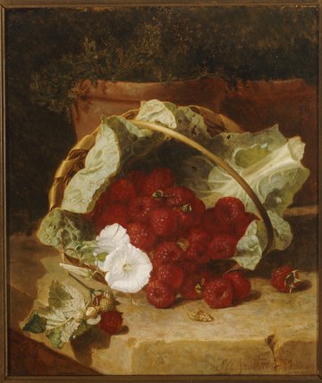 Raspberries In A Cabbage Leaf Lined Basket — Eloise Harriet Stannard