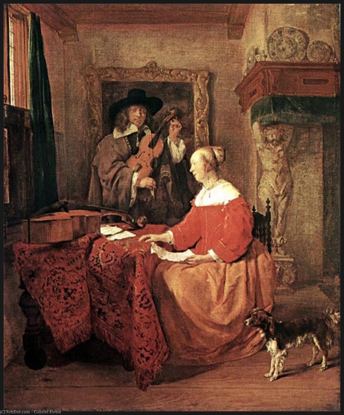A Woman Seated At A Table And A Man Tuning A Violin — Gabriel Metsu