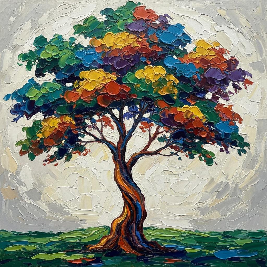 Eternal Radiance: A Monumental Impasto Study Of The Prismatic Solitary Tree — Christian Noiret