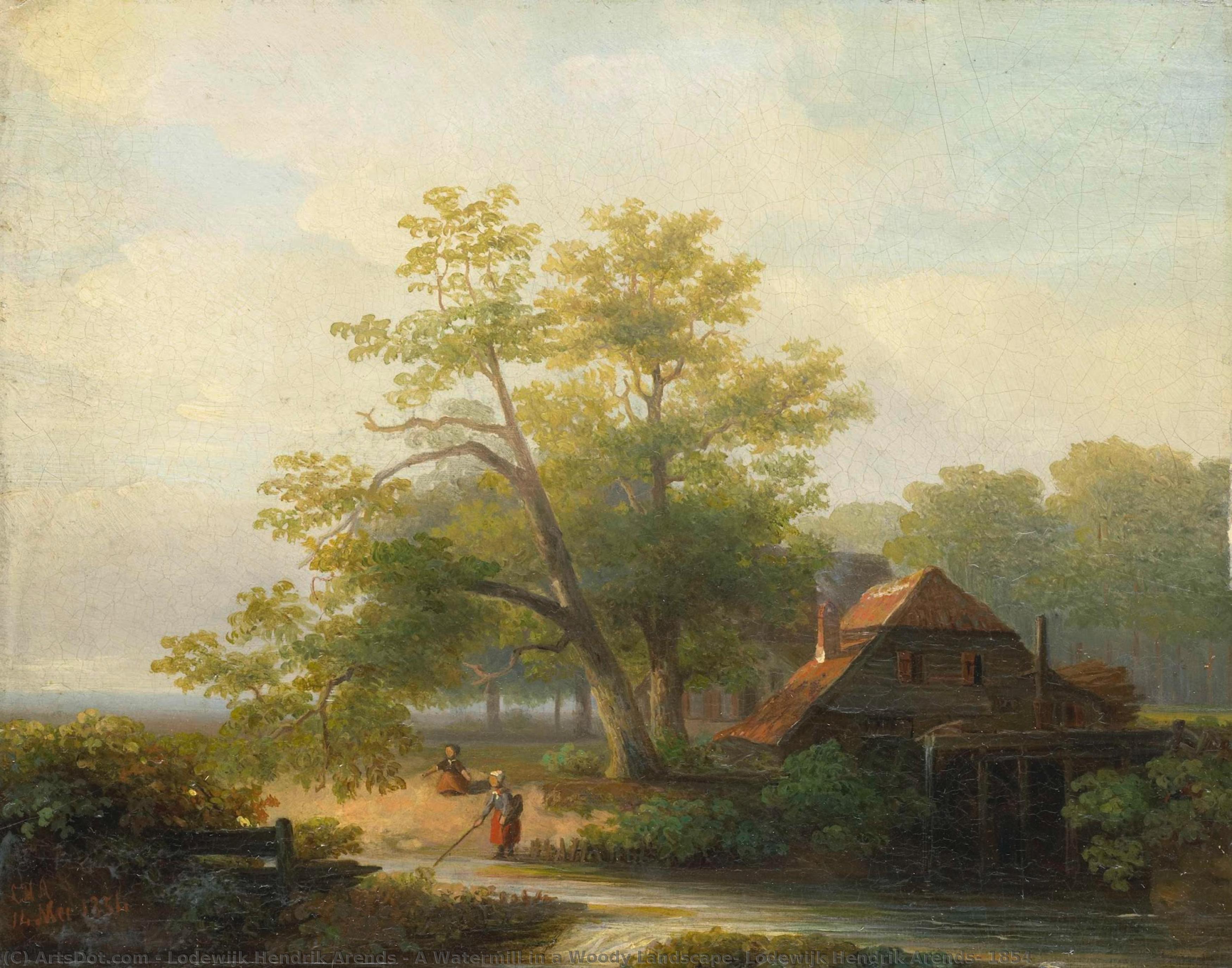 A Watermill In A Woody Landscape, Lodewijk Hendrik Arends, 1854 — Lodewijk Hendrik Arends