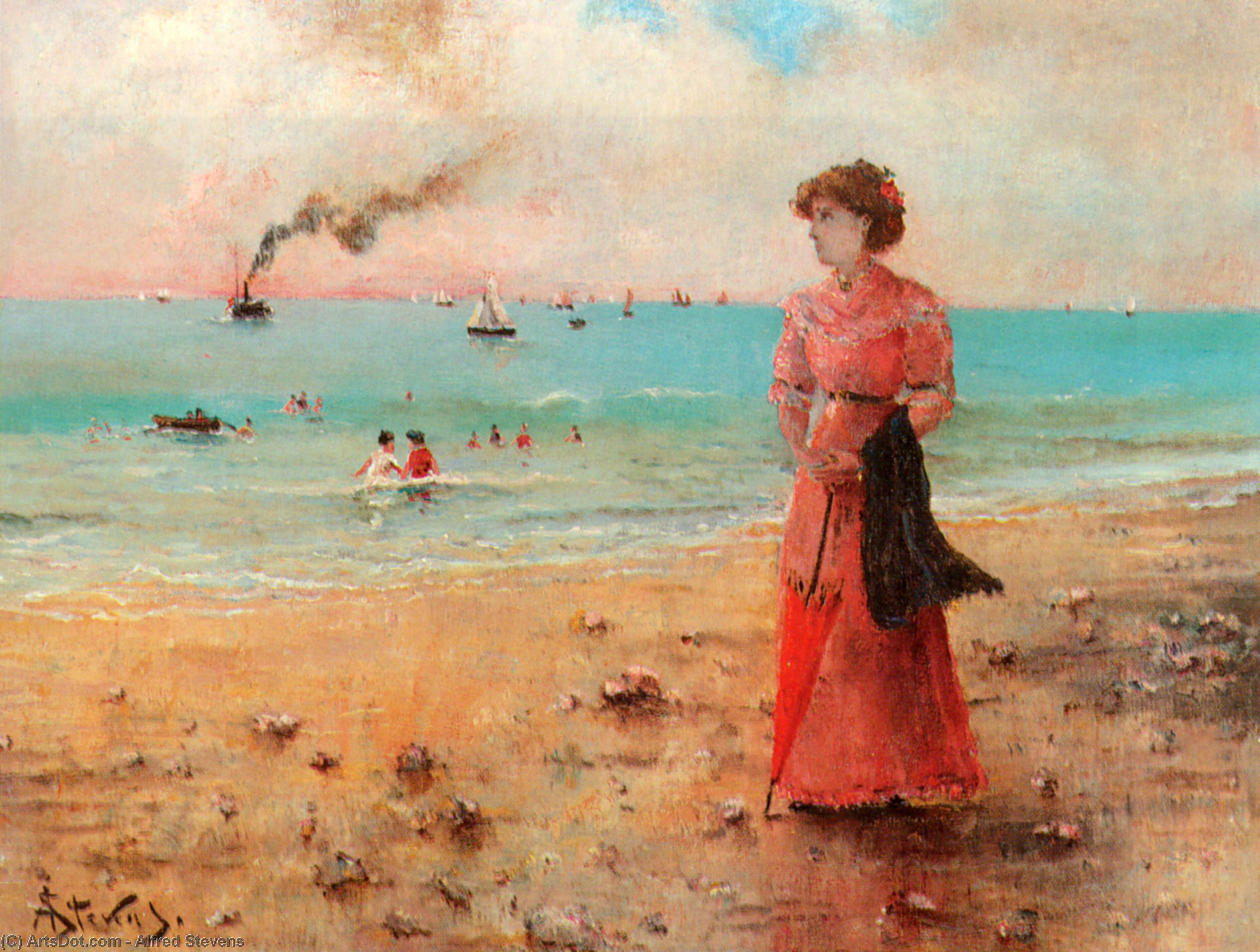 Young Woman With Red Umbrella On The Beach — Alfred Stevens