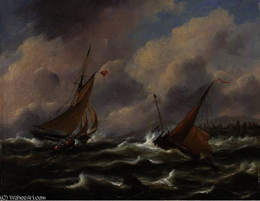 Dutch Fishing Vessels Off A Jetty In Stormy Seas — Govert Van Emmerik