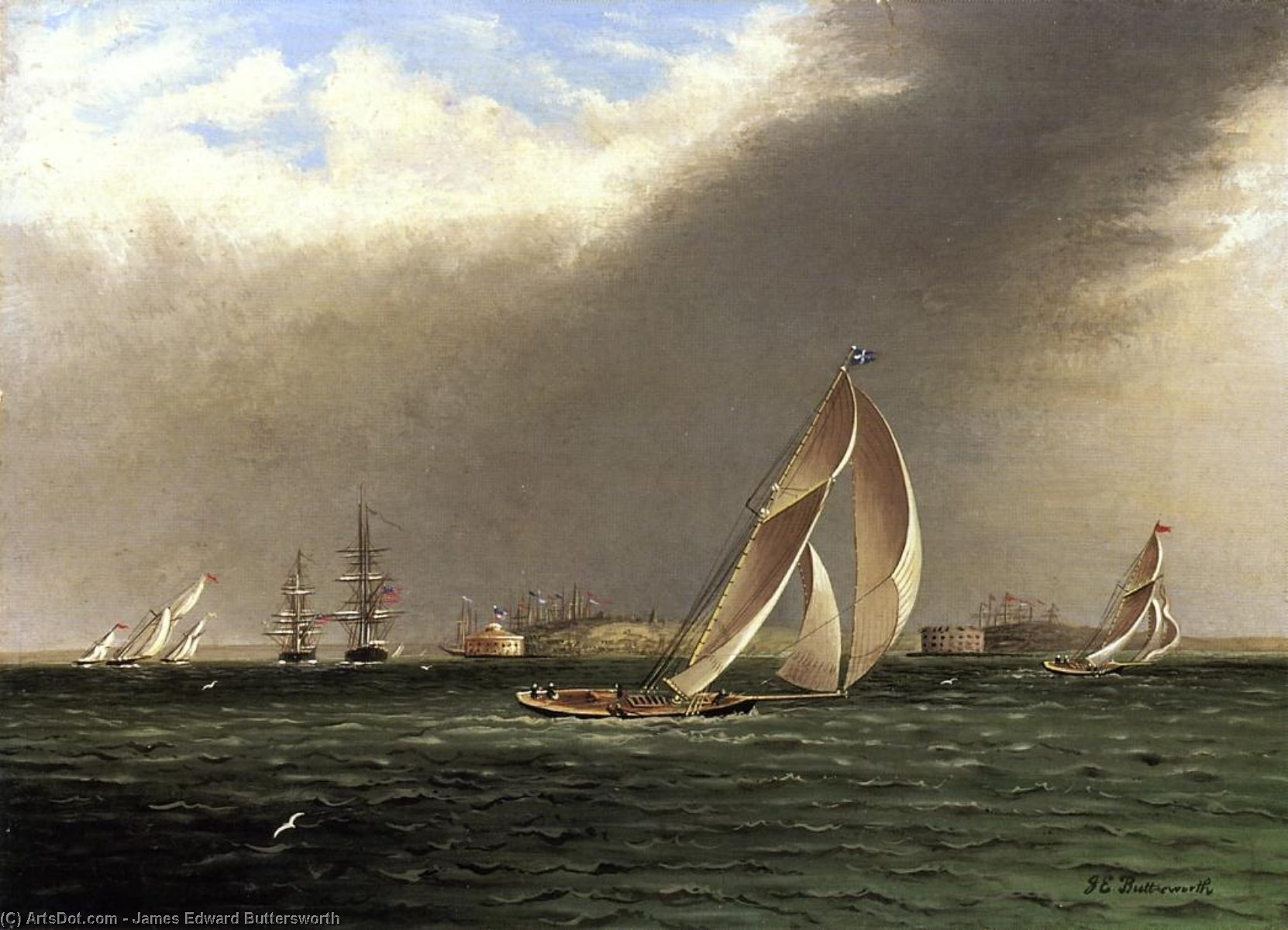 Yacht Racing Off Castle Garden, New York — James Edward Buttersworth