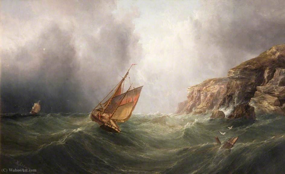 A Coastal Scene With A Cliff, A Fishing Boat And A Merchantman In A Storm — Henry Redmore