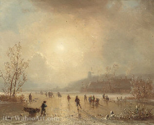 Skaters On A Lake At Dusk — Hendrik Pieter Koekkoek