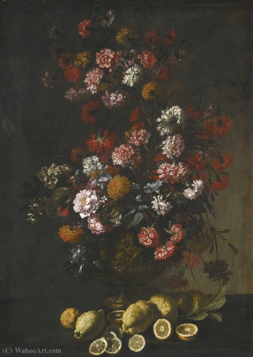 Still Life Of Flowers In A Bronze Urn, Lemons On The Ledge Beneath — Mario Dei Fiori