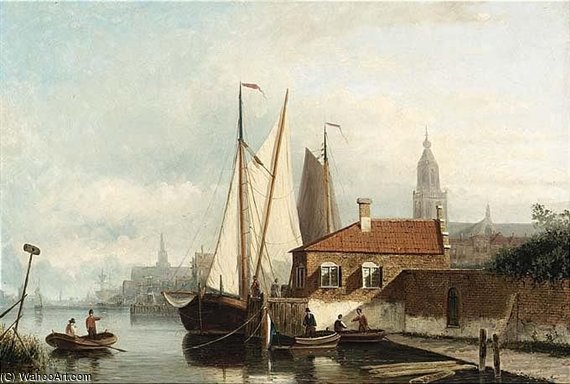 A View Of A Town With Sailing — Nicolaas Riegen