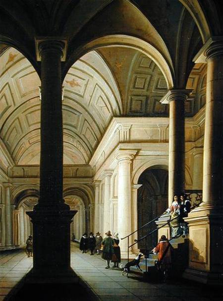 Palatial Interior At Night, With An Elegant Couple Making Their Entrance — Anthonie De Lorme