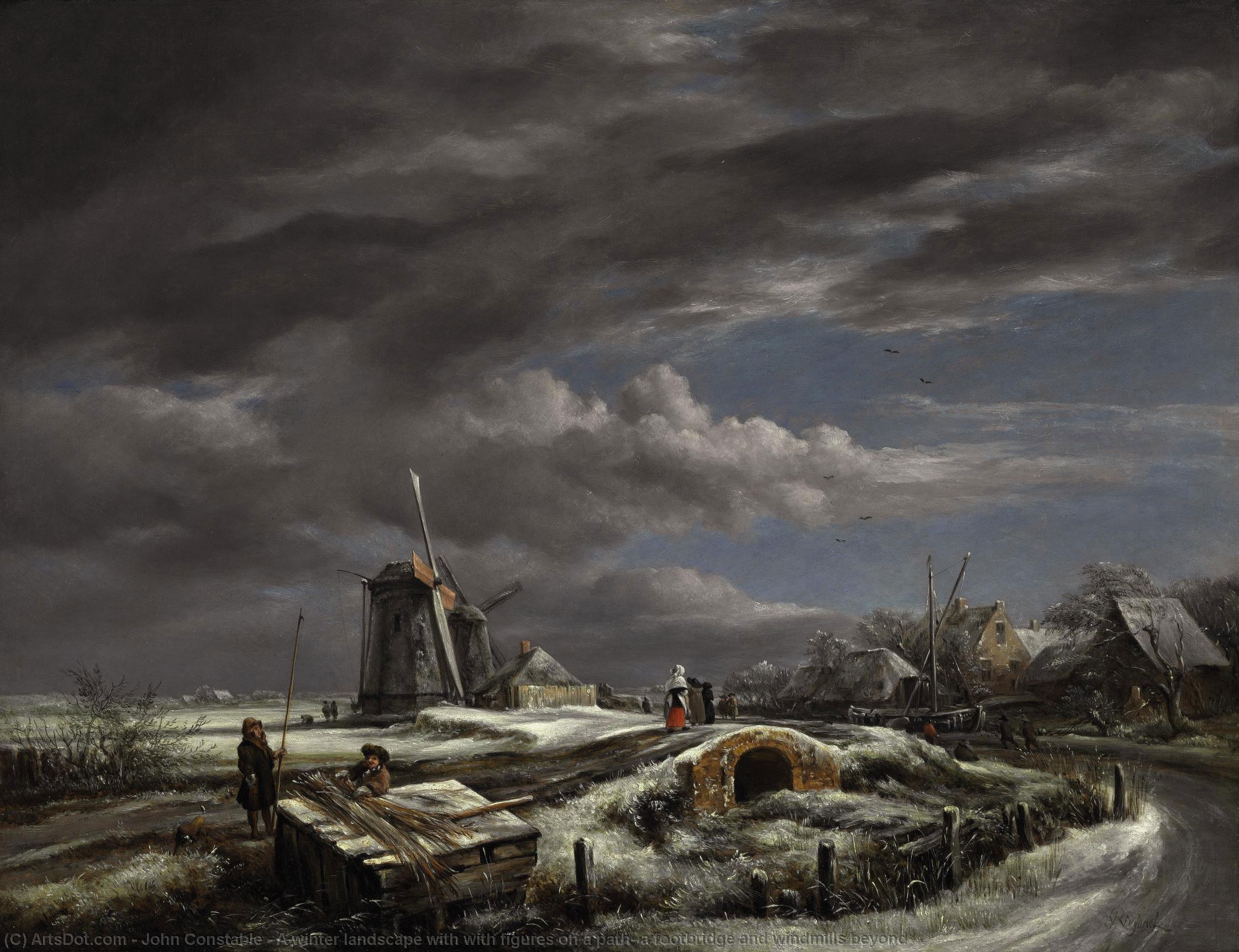 Una Paisaje Invernal Con Figuras En Un Camino, Un Puente De Piedra Y Molinos Viento Más Allá — John Constable