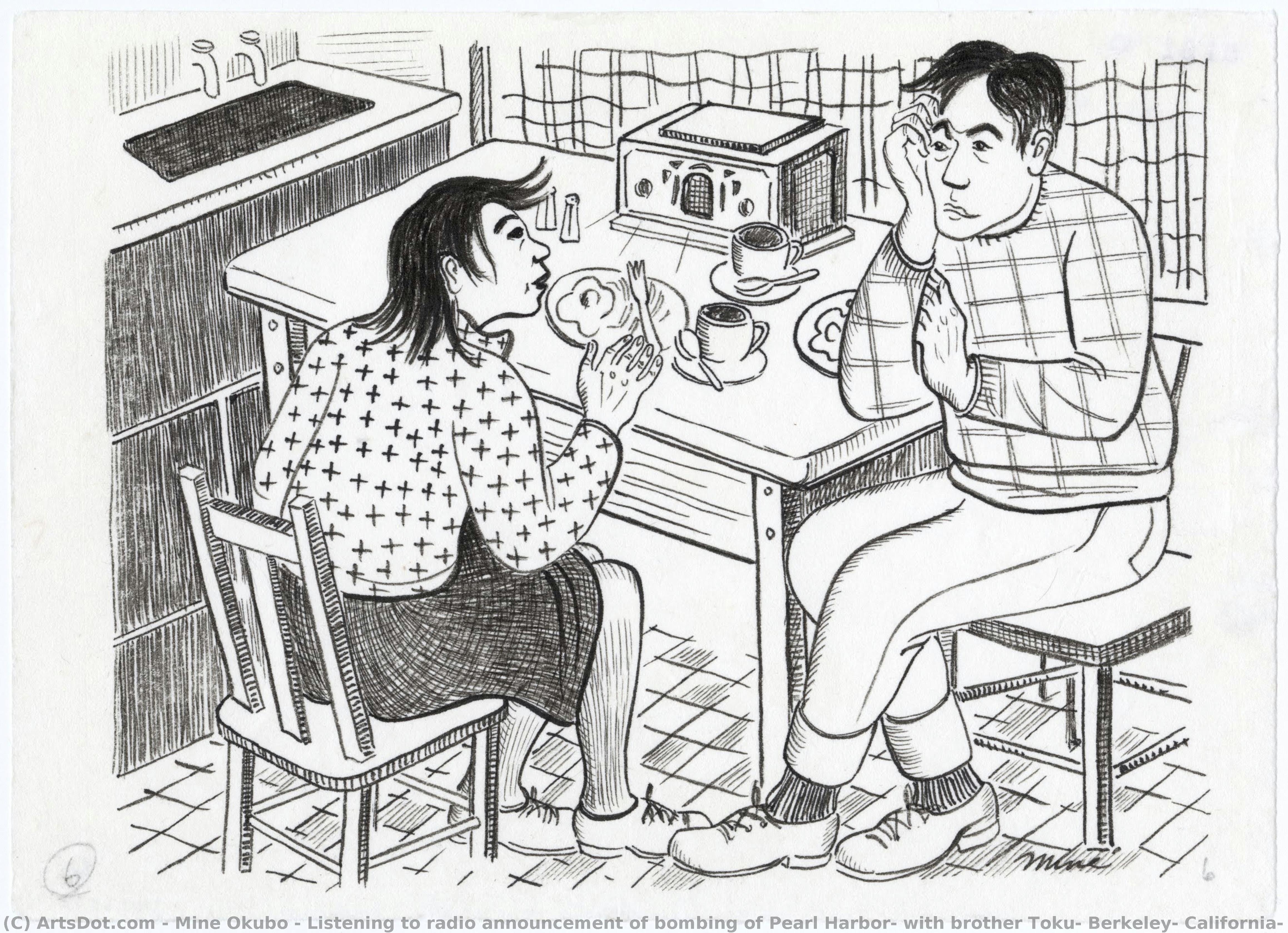 Listening To Radio Announcement Of Bombing Of Pearl Harbor, With Brother Toku, Berkeley, California, 1941 — Miné Okubo
