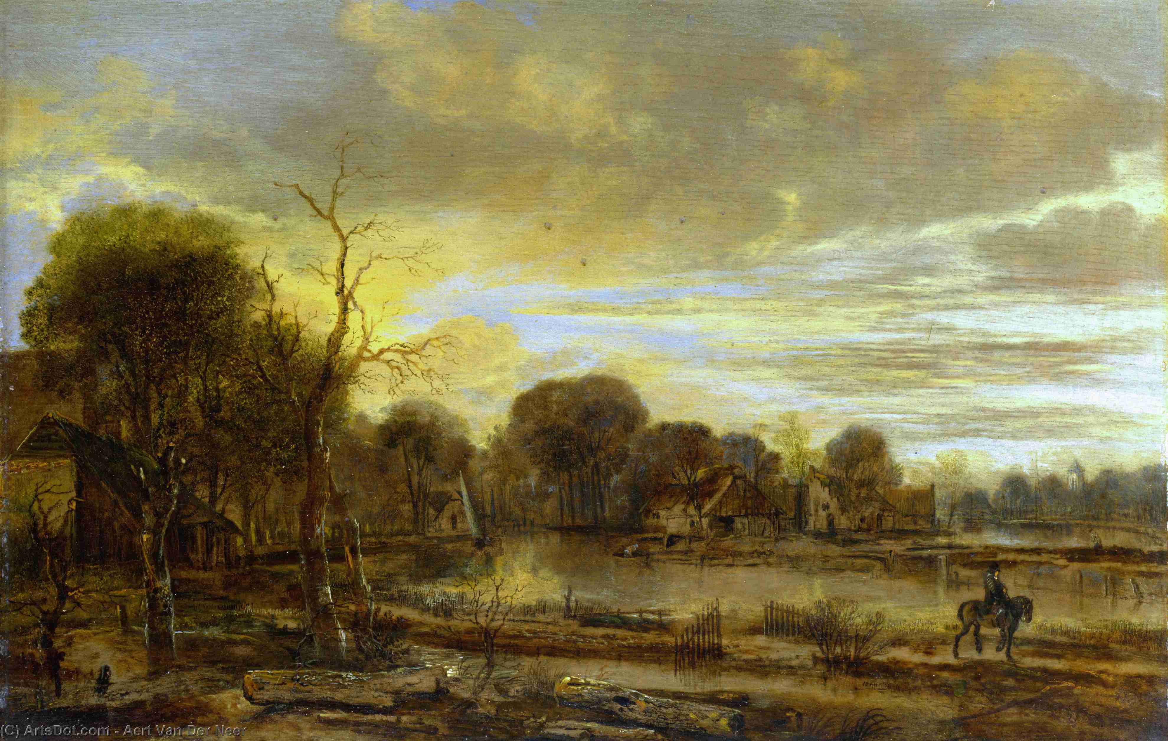 A River Landscape With A Village — Aert Van Der Neer
