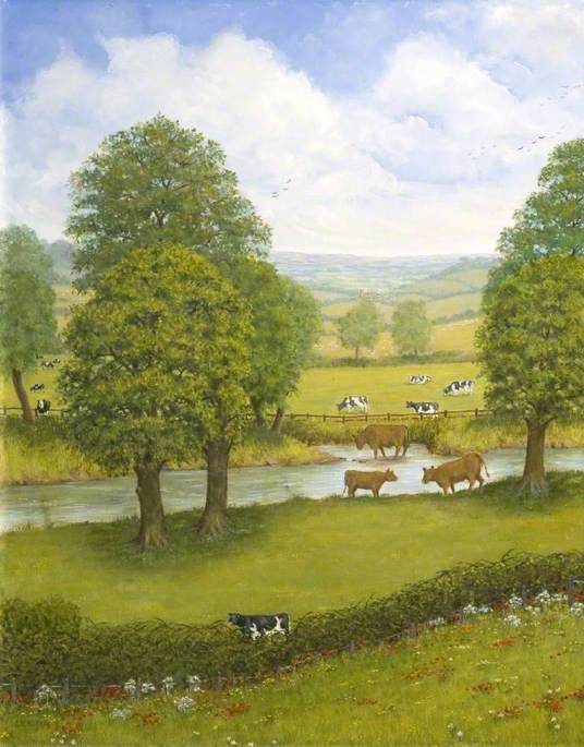 Dorset Landscape With A River And Cows — Alfred William Watkin