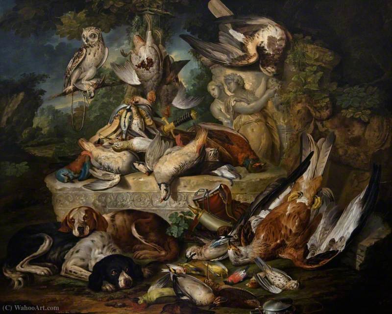 Hounds And An Owl With Dead Birds And Sculptures In A Landscape — Jan Baptist Weenix