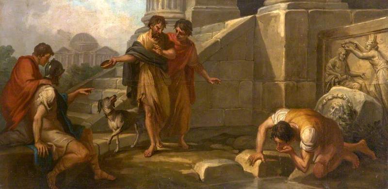 Diogenes Casting Away His Wooden Bowl As A Superfluity, On Seeing A Youth Drinking From His Hand (a Set Of Three Decorative Wall Panels) — Antonio Zucchi