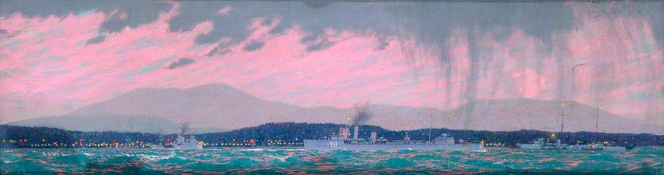 Port Edgar, Firth Of Forth, The Destroyer Base Of The Northern Waters Sunset, V Class Destroyers Backing Out To Sea — Charles Pears