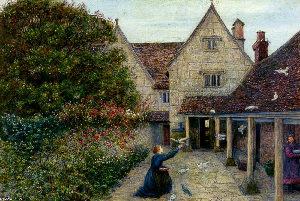 Feeding The Doves At Kelmscott Manor, Oxfordshire — Marie Spartali Stillman