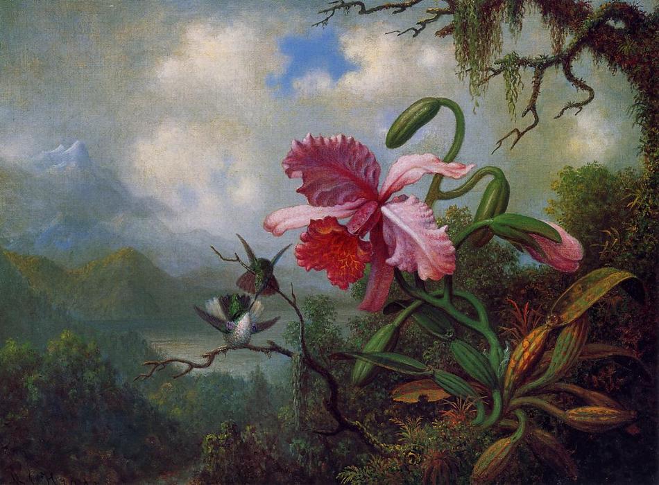 Orchid And Hummingbirds Near A Mountain Lake — Martin Johnson Heade