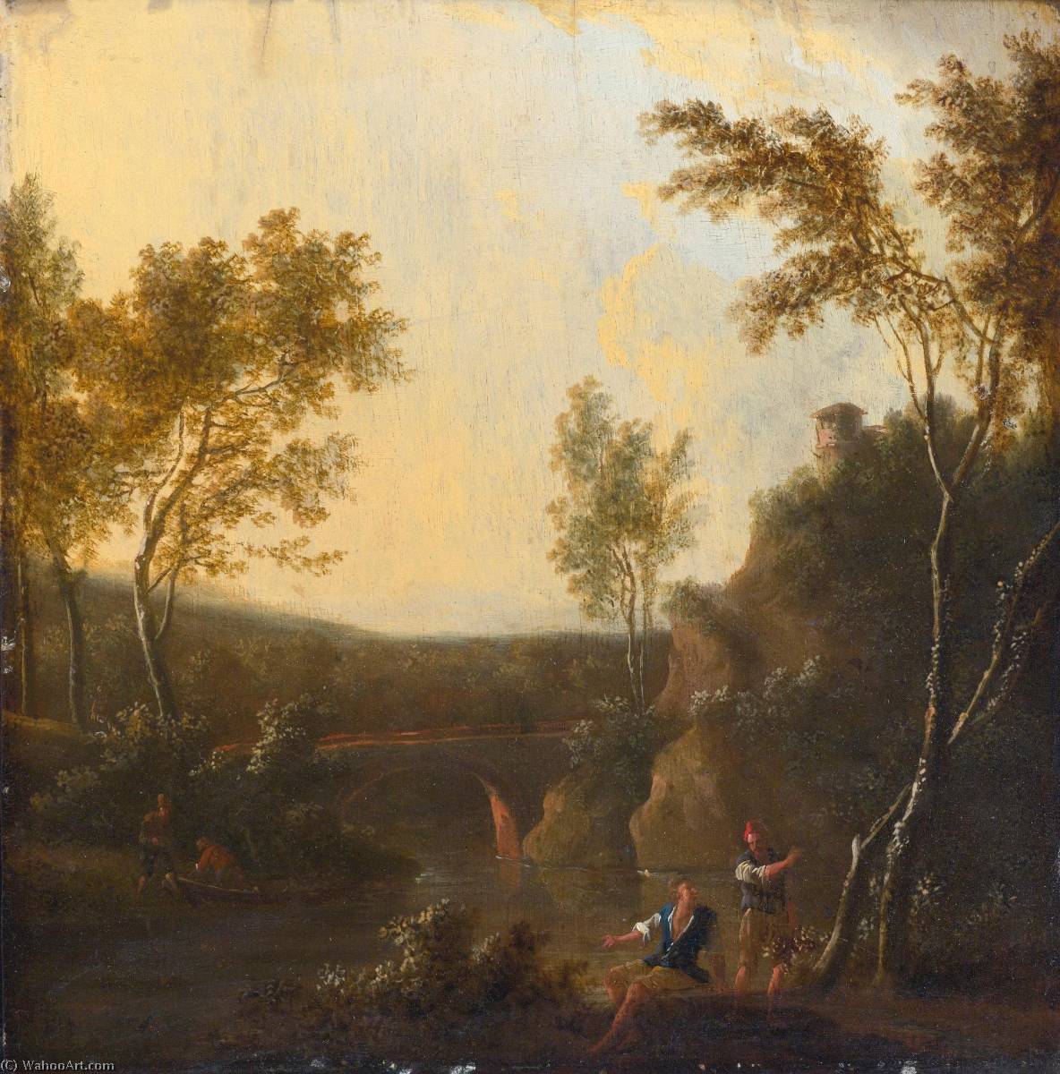 Two Figures Beside A River, A Bridge Beyond — Frederick De Moucheron