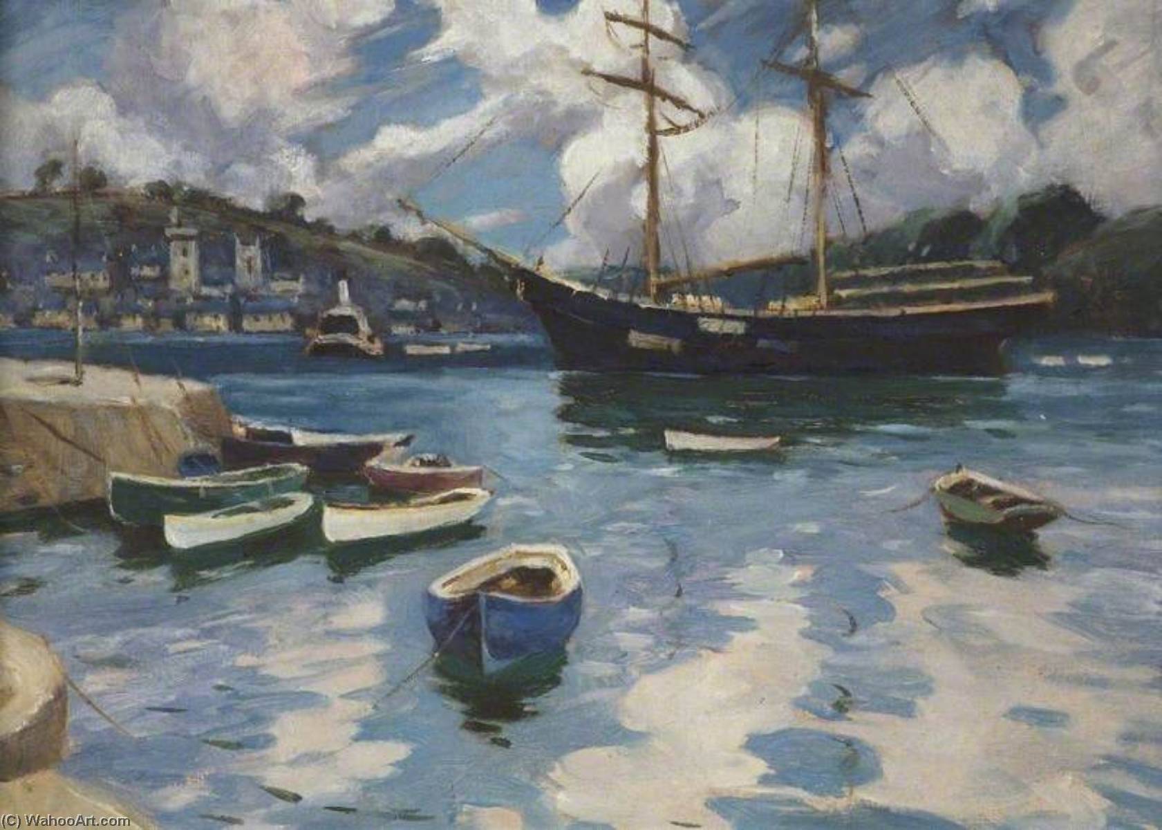 Harbour Scene With Large Sailing Vessel And Small Craft — Helen Lavinia Cochrane