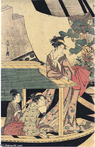 The Left-hand Sheet Of A Pentaptych Showing Two Young Girls And A Young Man In A Pleasure Boat — Chobunsai Eishi