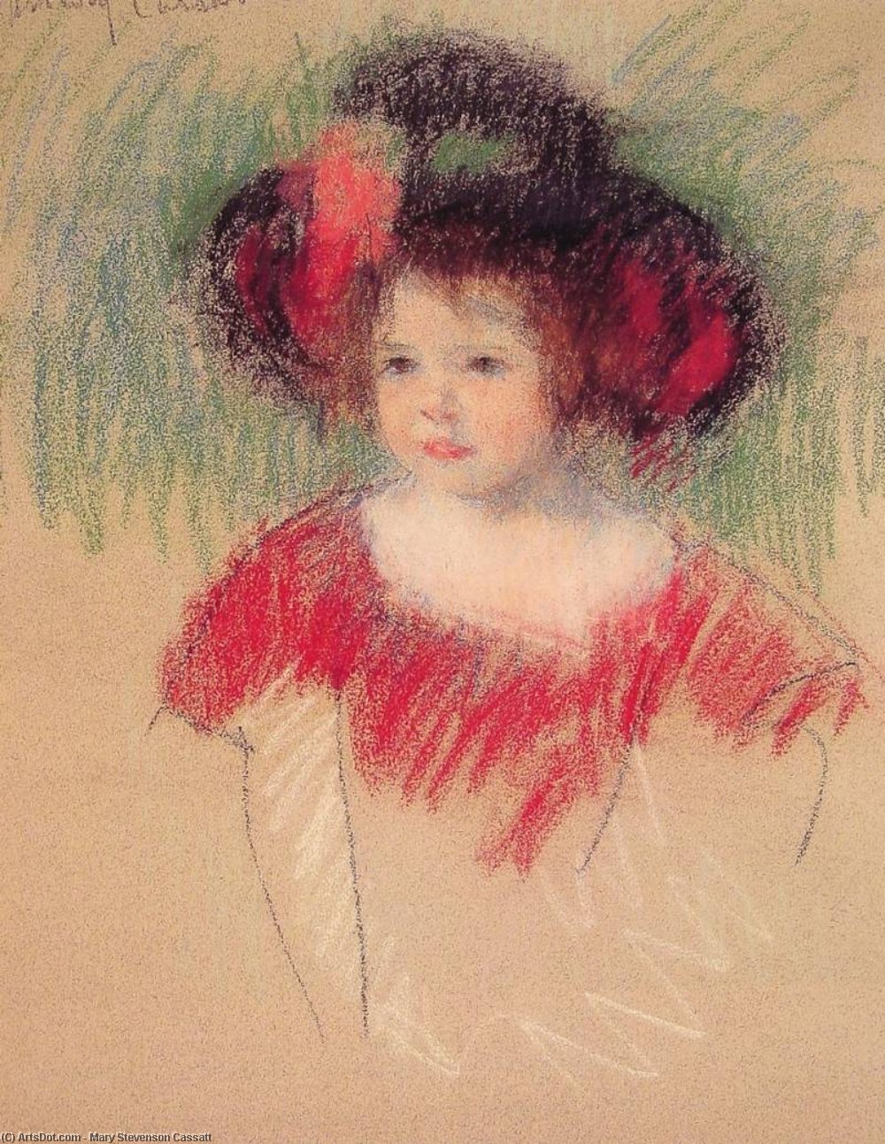 Margot In Big Bonnet And Red Dress — Mary Stevenson Cassatt