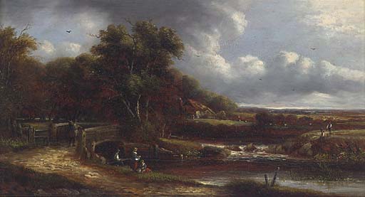 Fisherfolk Working On The Shore; And Figures By A River, A Landscape Beyond — John Anthony Puller