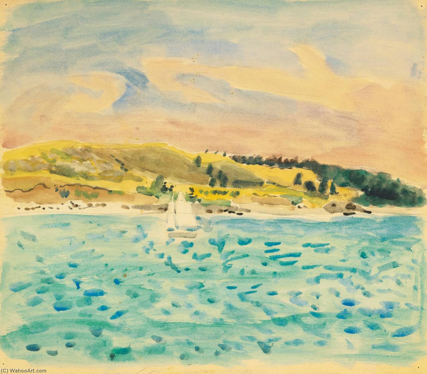 Blue Inlet With Sailboat — Fairfield Porter