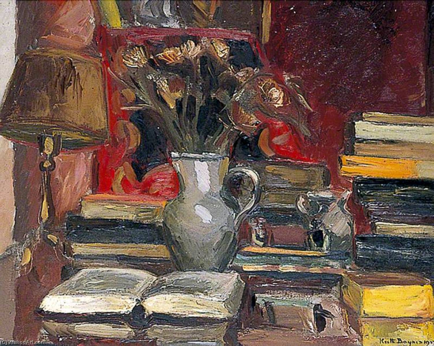 Still Life With Books, A Lamp And Jug Of Flowers — Keith Baynes