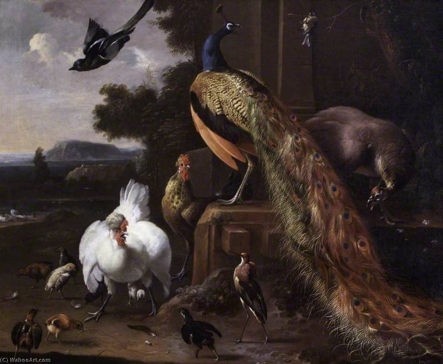 Peacocks And Farmyard Fowls With A Magpie In A Landscape — Melchior De Hondecoetter