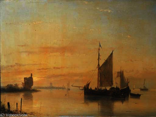 Sailing Vessels At Anchor On The Merwede River With Dordrecht Beyond — Andreas Schelfhout