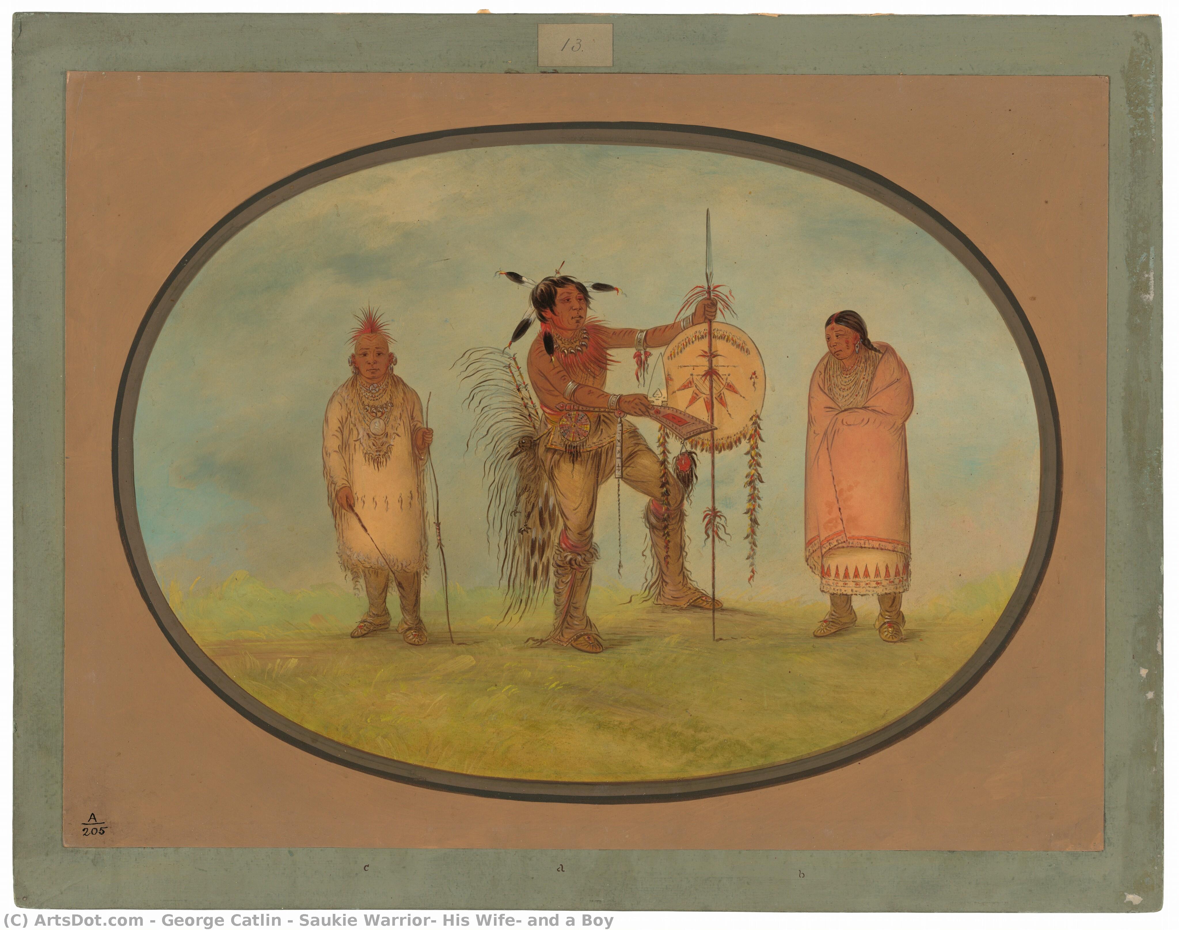 Saukie Warrior, His Wife, And A Boy — George Catlin