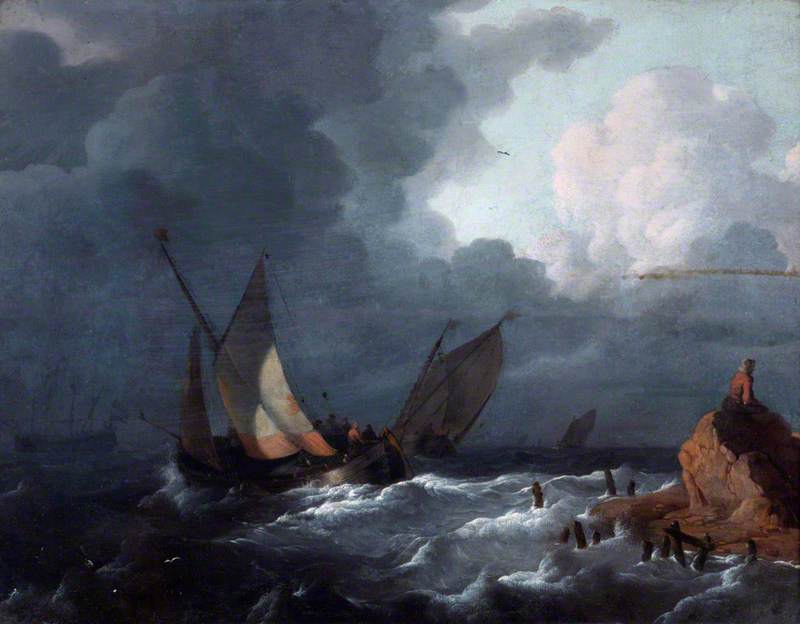 Ships Off Shore In A Stormy Sea — Ludolf Backhuysen I