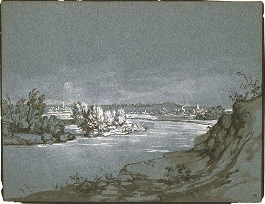 Fleuve Avec Deux Villages Et Des Collines À L'horizon — Jean-baptiste Oudry