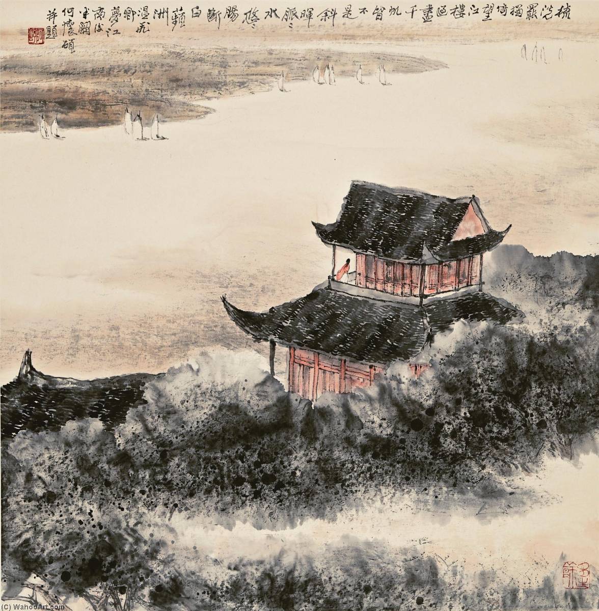 Gazing At The River In Pavilion — He Huaishuo