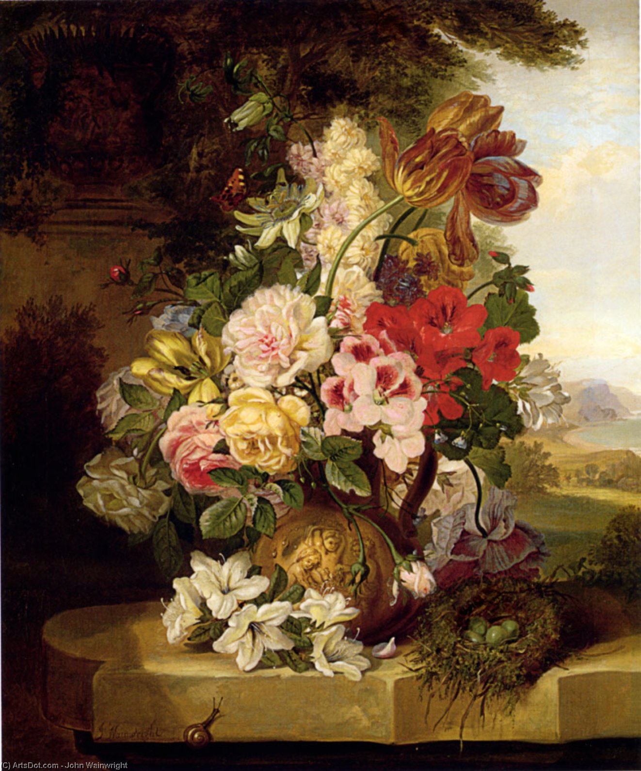 Still Life With Tulips, Roses, Passion Flowers And A Butterfly — John Wainwright