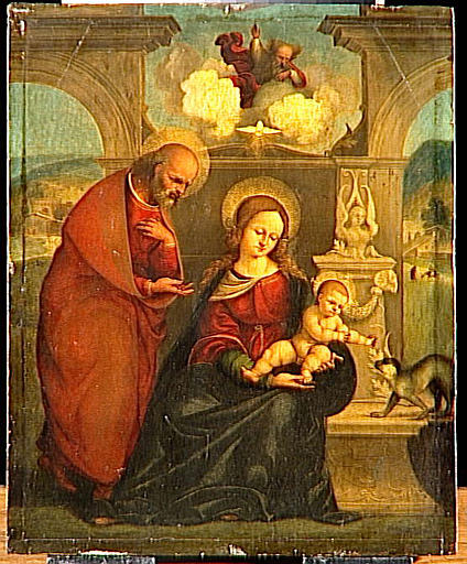 La Sainte Famille Et La Sainte Trinite.l'enfant Jesus Presente A Un Singe, Symbole Du Mal, Les Raisins De La Passion Que Lui Tend Saint Joseph — Lodovico Mazzolino