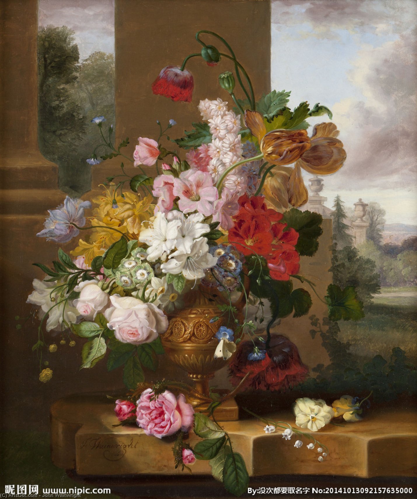 Still Life With Tulips - Roses And Lily Of The Valley With A .... Butterfly In An Urn — John Wainwright