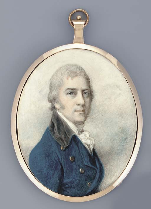 A Young Gentleman, Facing Right In Blue Coat With Gold Buttons And Black Collar, White Waistcoat And Frilled Cravat, Powdered Hair — Richard Cosway