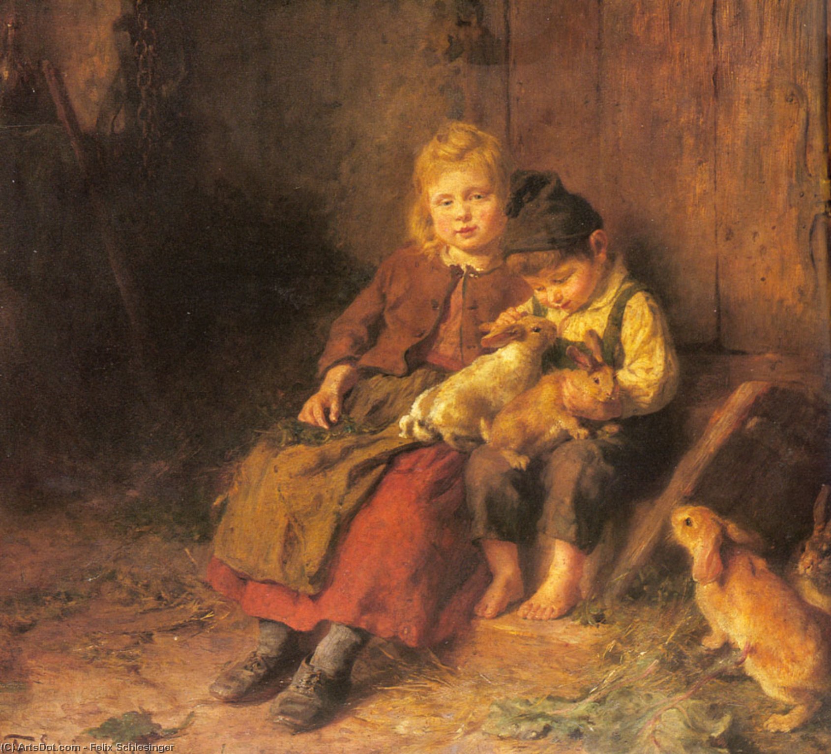 Two Children Playing With Rabbits — Felix Schlesinger