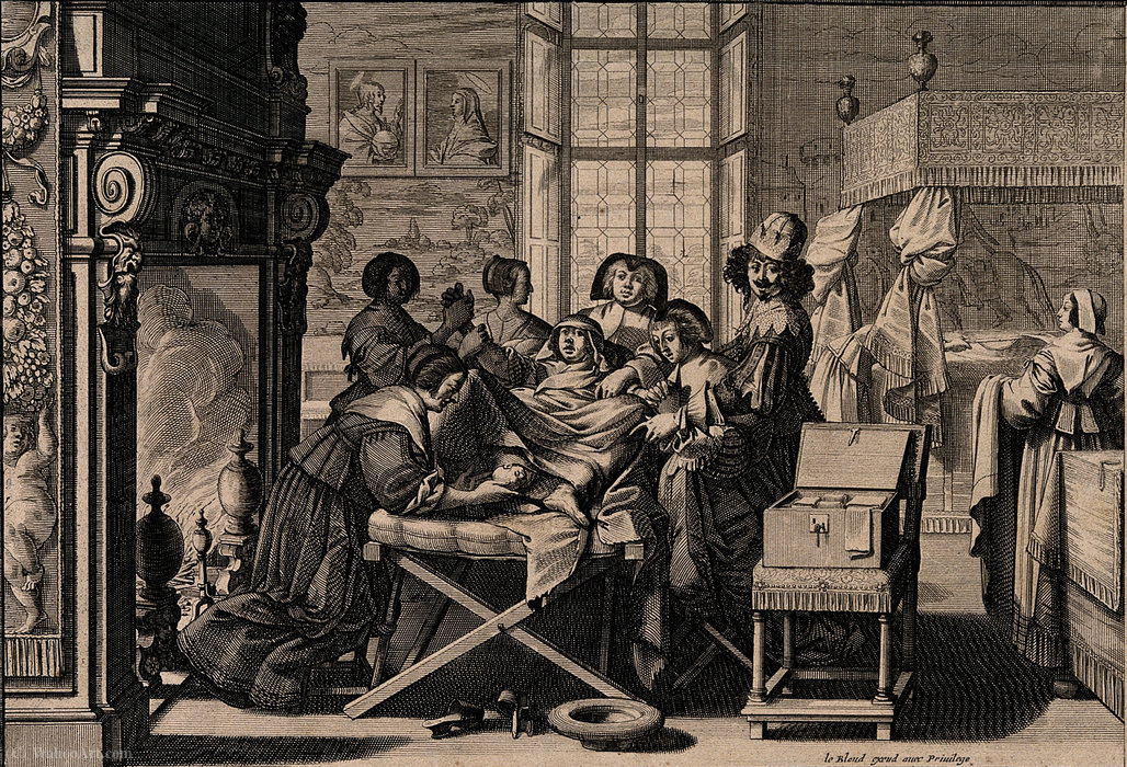 A Woman Giving Birth In An Elaborate Room Aided By A Mid-wif — Abraham Bosse