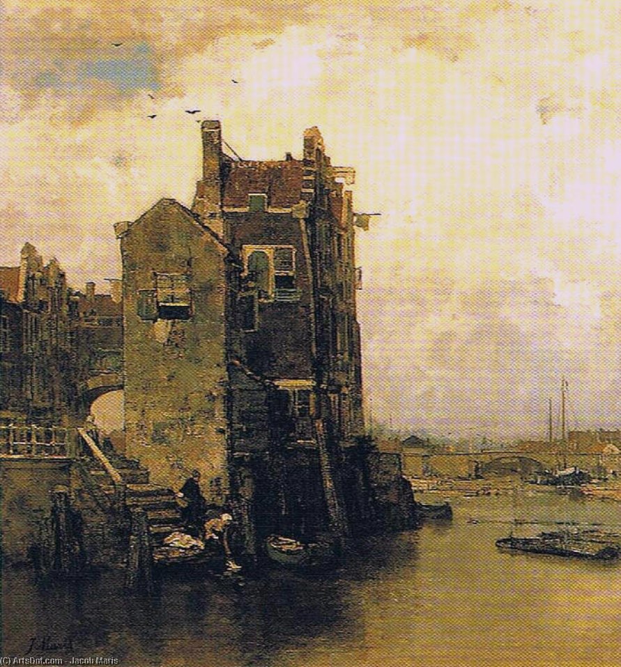 Houses And Washer Women In Dordrecht — Jacob Henricus Maris