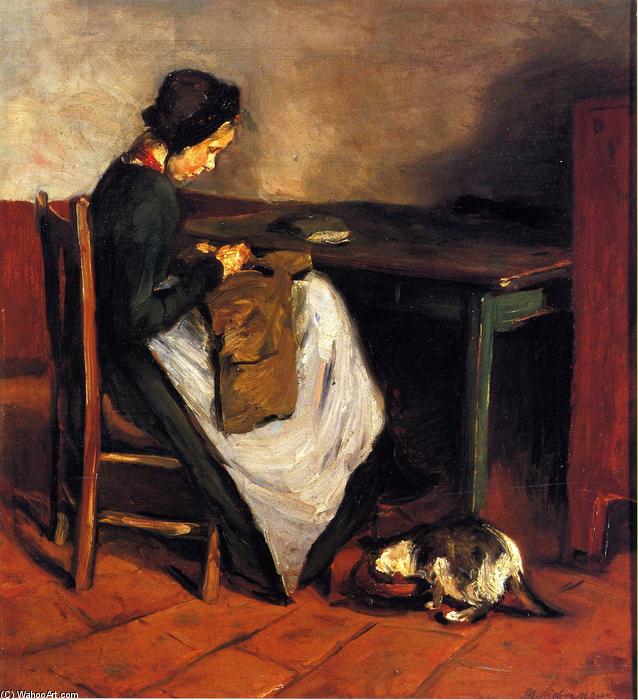 Girl Sewing With Cat - Dutch Interior — Max Liebermann