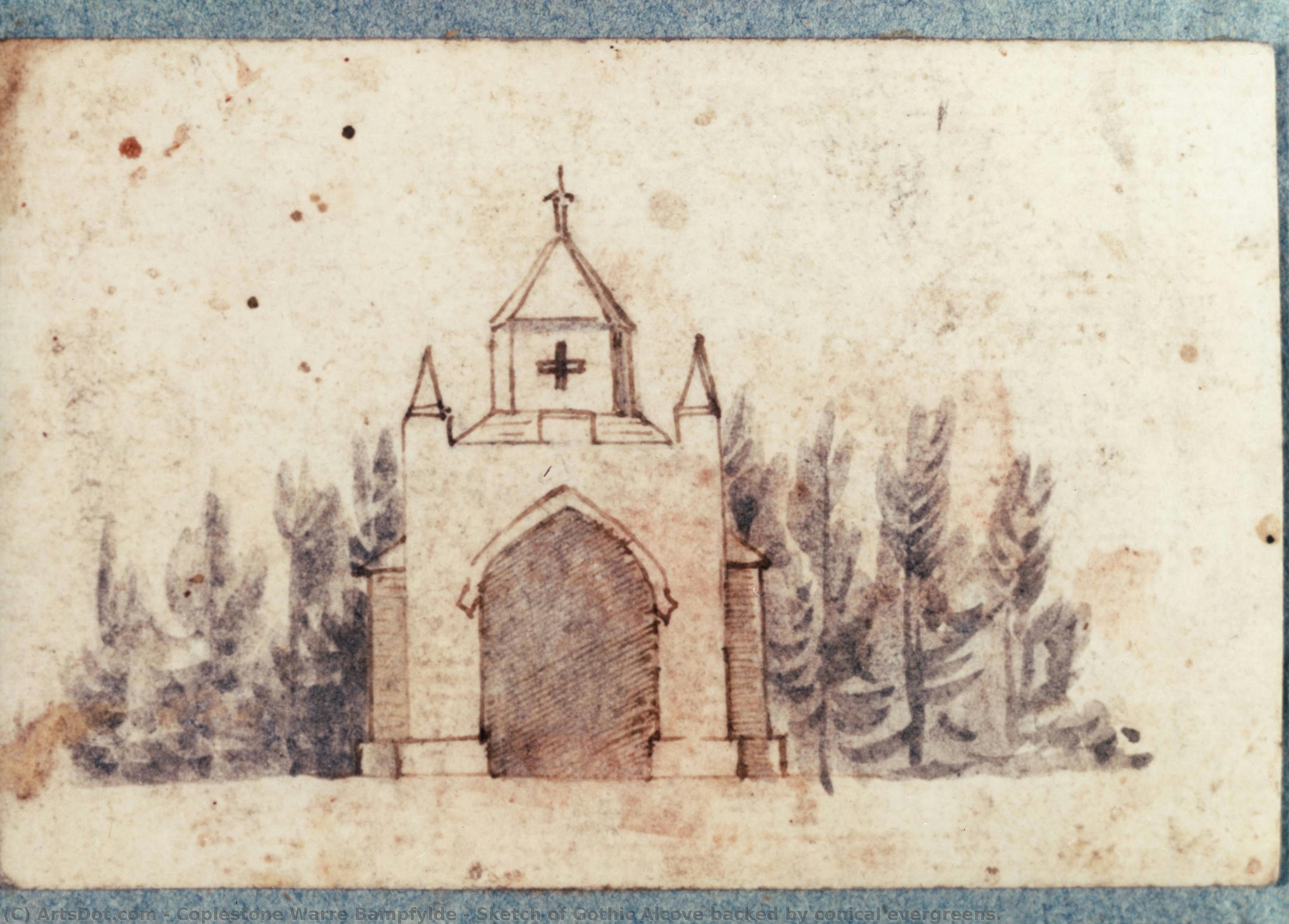 Sketch Of Gothic Alcove Backed By Conical Evergreens. — Coplestone Warre Bampfylde
