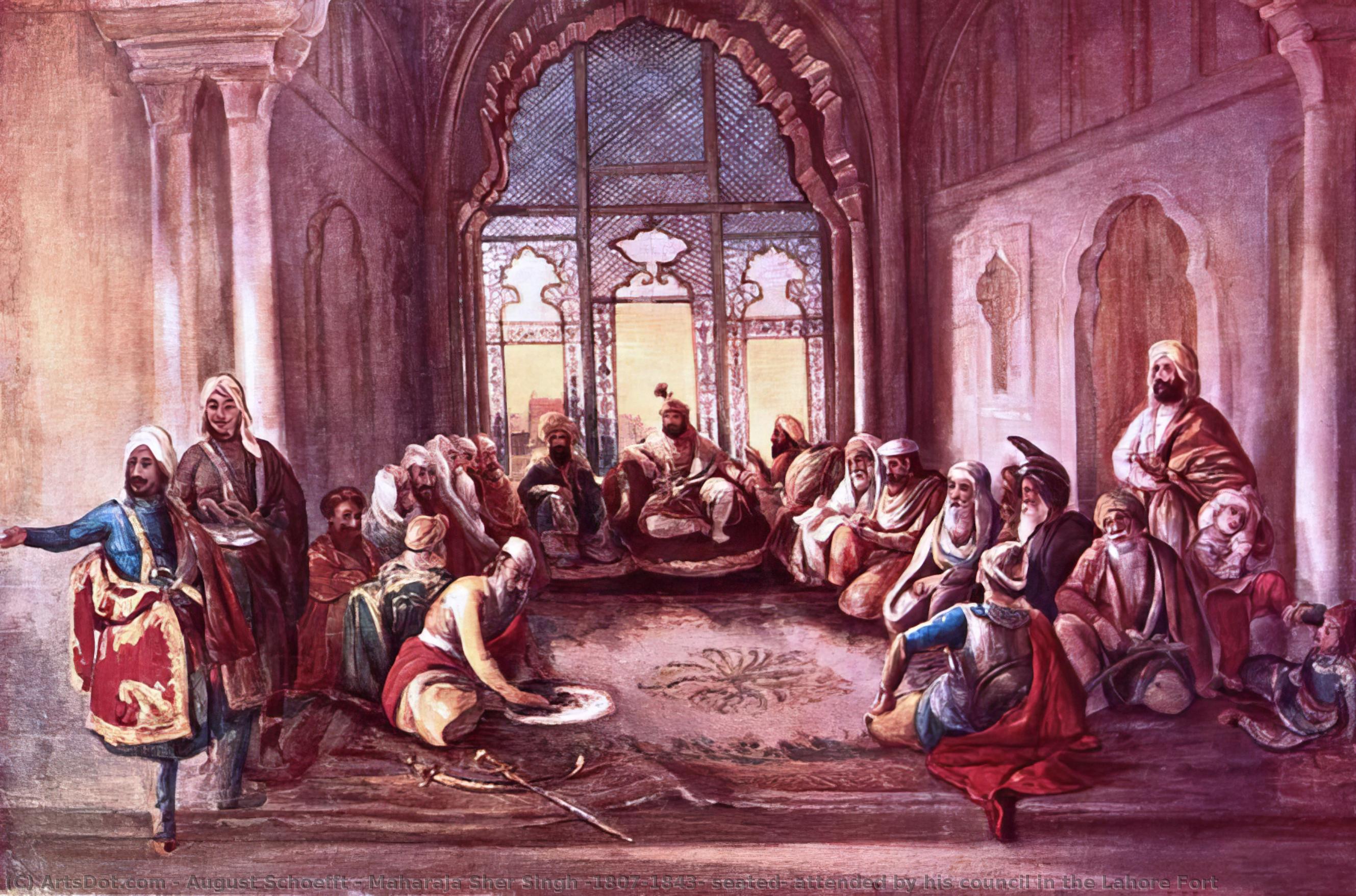 Maharaja Sher Singh (1807-1843) Seated, Attended By His Council In The Lahore Fort — August Schoefft